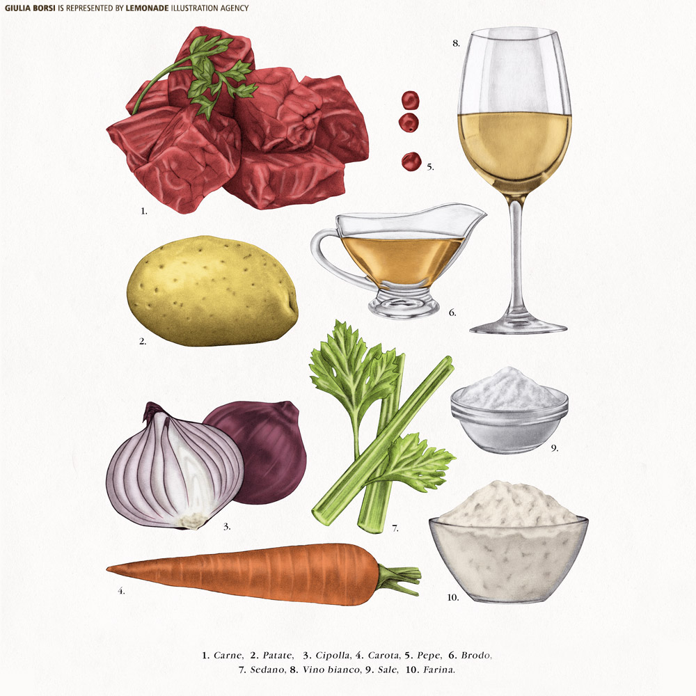 Illustration features beef, potatoes, onions, carrots, celery, broth, white wine, salt, and flour for a cooking or recipe concept.