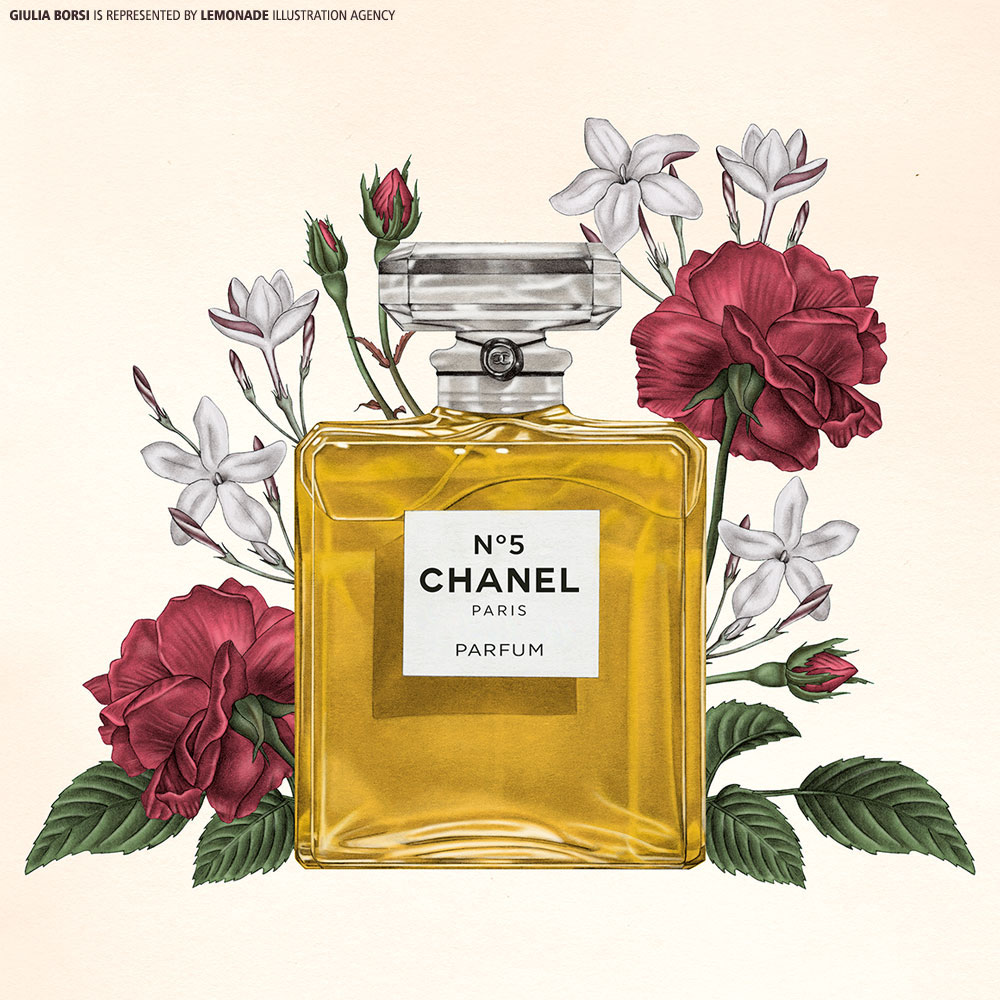 Illustration of a Chanel N°5 Parfum bottle, surrounded by red roses and white jasmine flowers against a cream background.