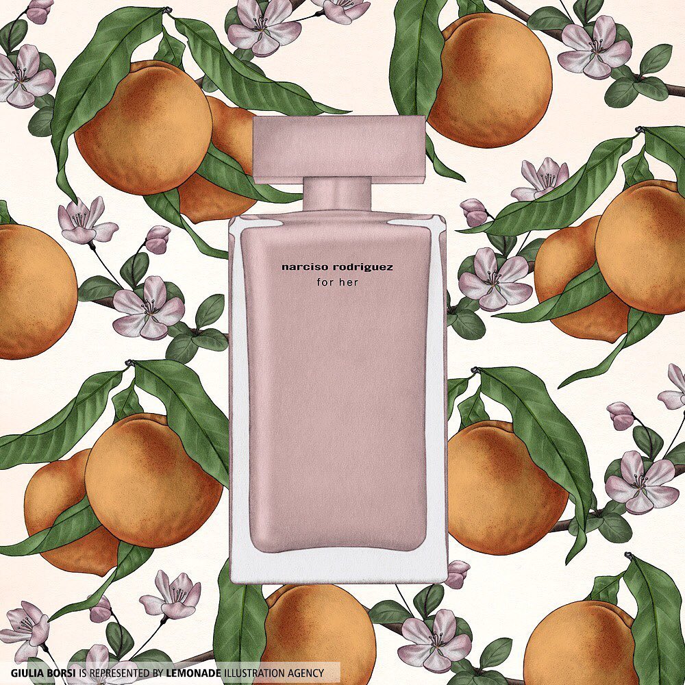 Illustration of a 'Narciso Rodriguez for Her' perfume bottle, surrounded by peach branches with white flowers and green leaves.