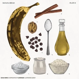 Botanical style food illustration by Giulia Borsi showing numbered banana bread ingredients on white paper
