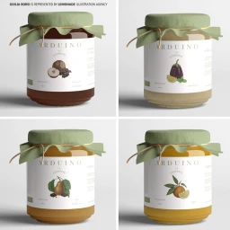 Four glass jars of preserves with green fabric jar covers arranged in a two-by-two grid on a white background.