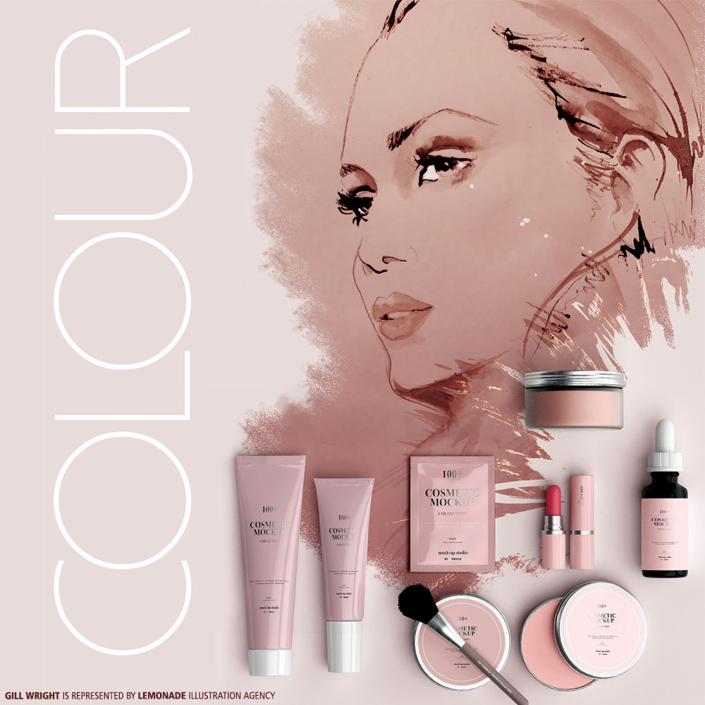 Cosmetic product mockups in pink with a sketched fashion illustration of a woman's face, against a light pink background.