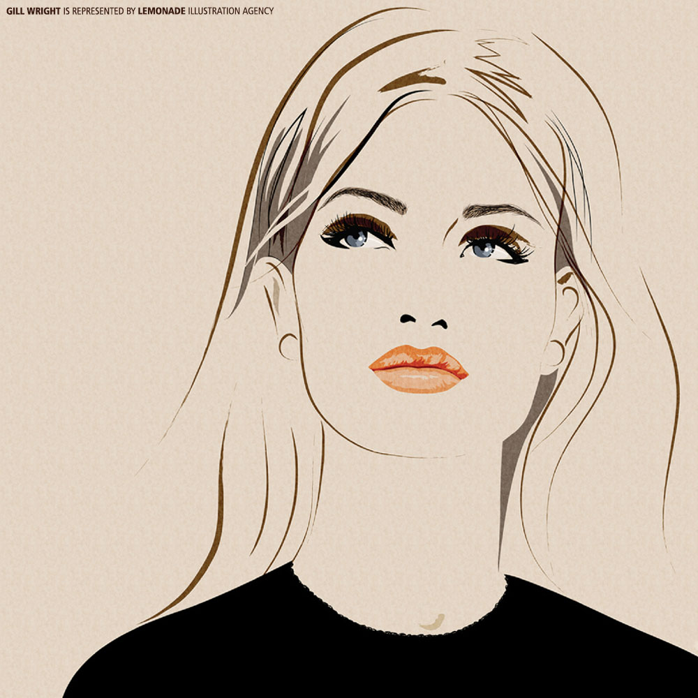 Illustration of a woman's face looking upward, with long blonde hair, full lashes, and peach lips, against a beige background.