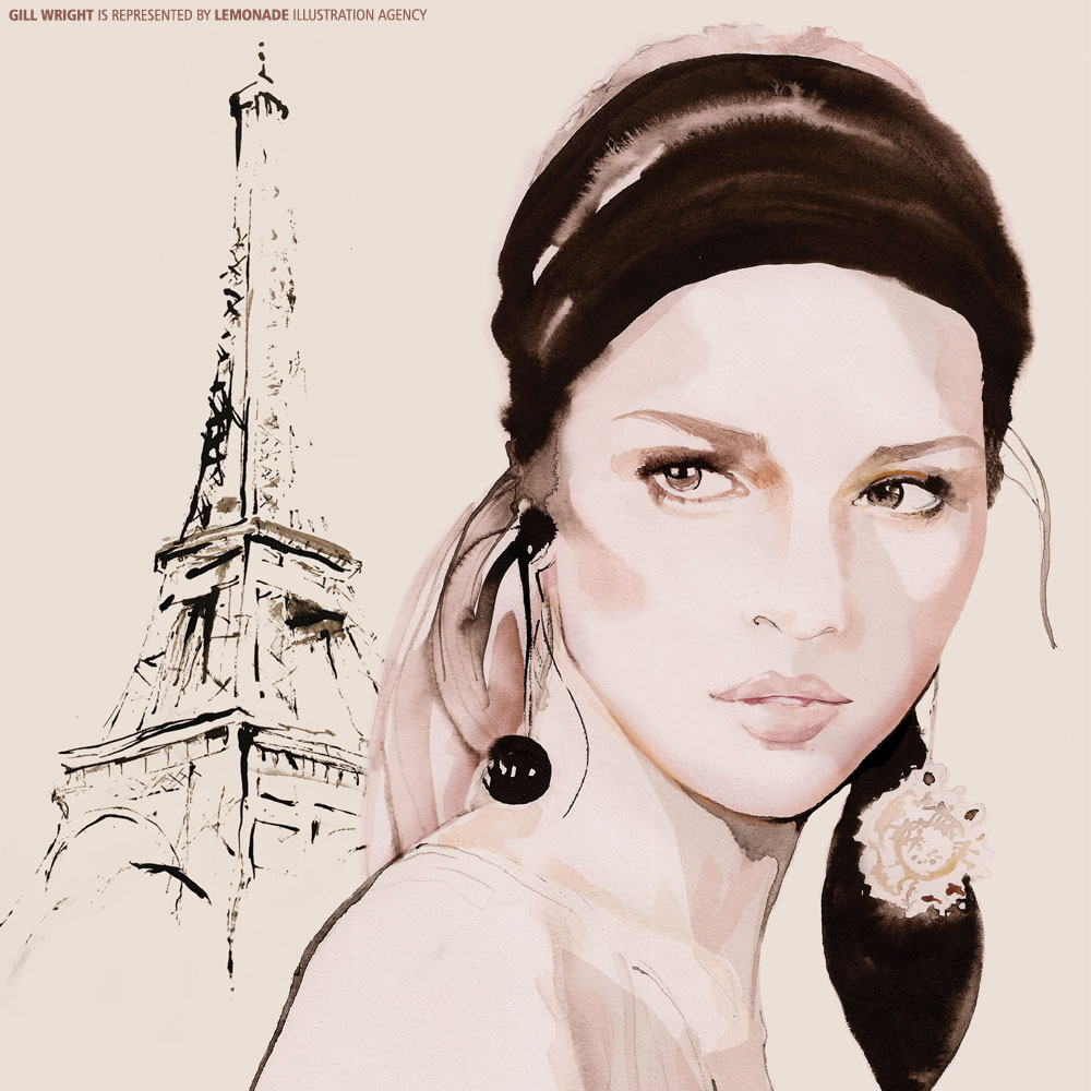 Watercolor illustration of a woman with dark hair and large earrings, with the Eiffel Tower sketched in the background. Art and beauty.