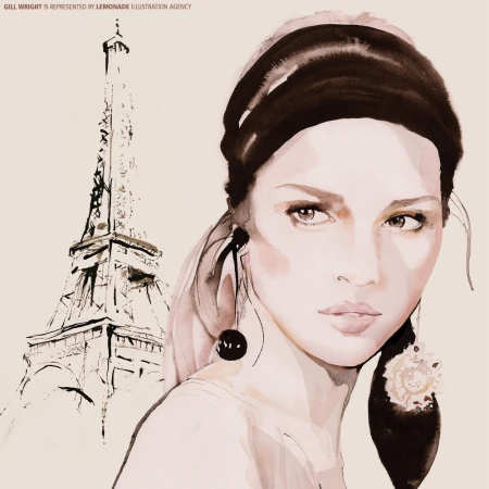 Watercolor illustration of a woman with dark hair and large earrings, with the Eiffel Tower sketched in the background. Art and beauty.
