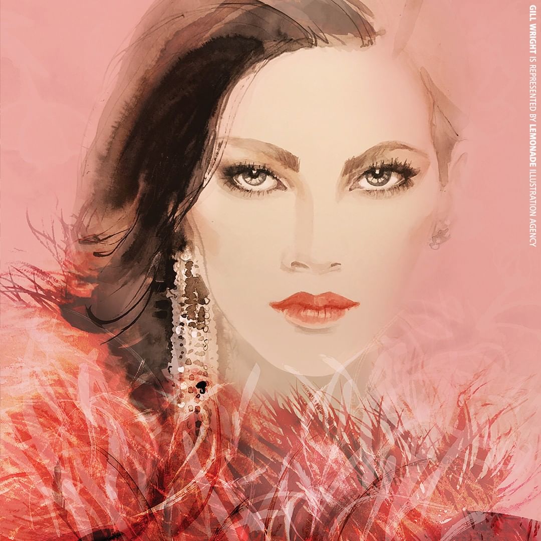 Illustration of an adult female with red lips wearing a feathered boa and long silver earring against a pale pink background.