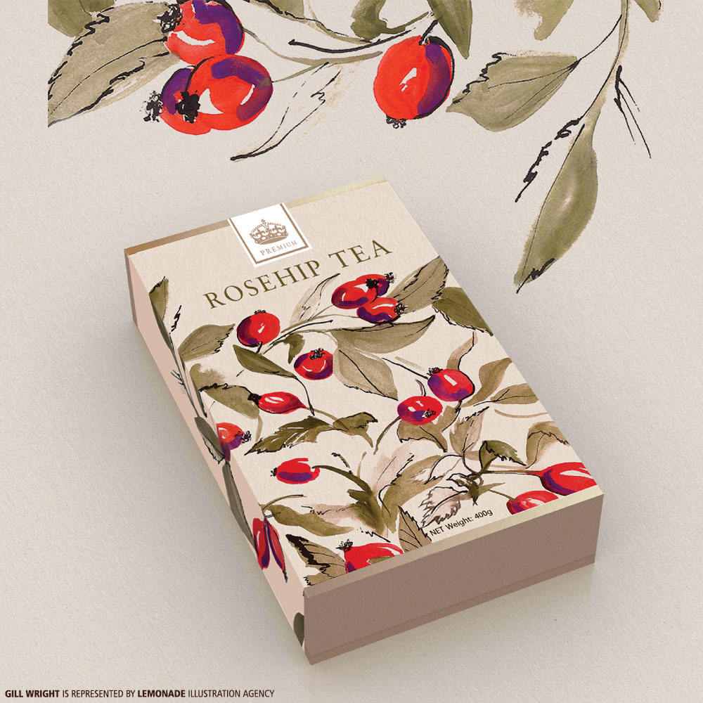 Illustration of Rosehip Tea packaging with watercolor rosehips and leaves against a soft beige background, promoting a natural product.