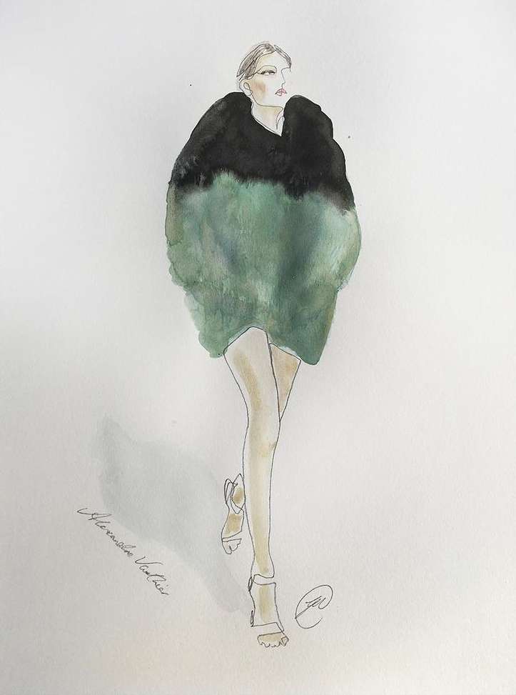 Fashion illustration features a female figure wearing an oversized, two-tone coat with heels, against a neutral background.