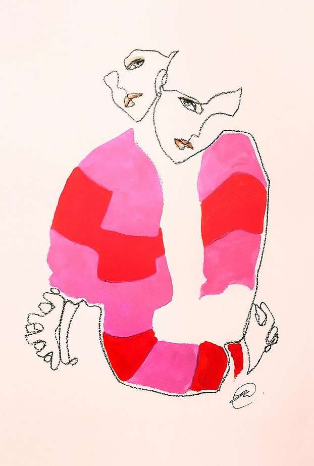 Stylized illustration featuring two figures with pink and red clothing, set against a pale backdrop.