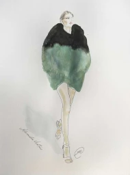 Watercolour fashion illustration by Gill Wright of a woman wearing a voluminous black and green coat.