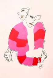 Minimalist continuous line art illustration of two faces and a figure wearing a pink and red striped garment by Gill Wright.