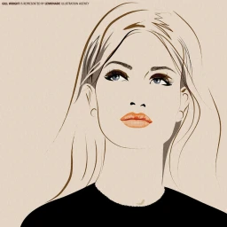 Digital fashion illustration of a woman with blonde hair, blue eyes, and orange lipstick wearing a black top.