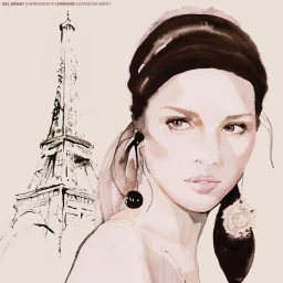 Watercolor illustration of a woman with a black headband beside an ink sketch of the Eiffel Tower by Gill Wright.