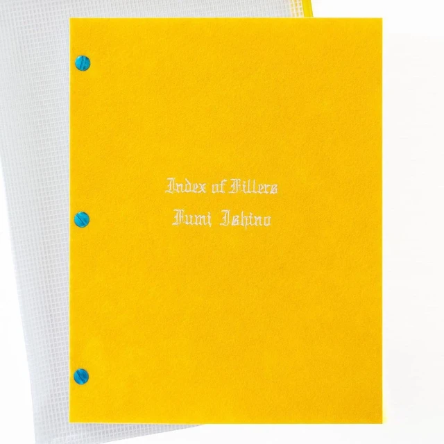 Index of Fillers book cover in yellow with white text and turquoise rivets, next to a white book with a crosshatch pattern.