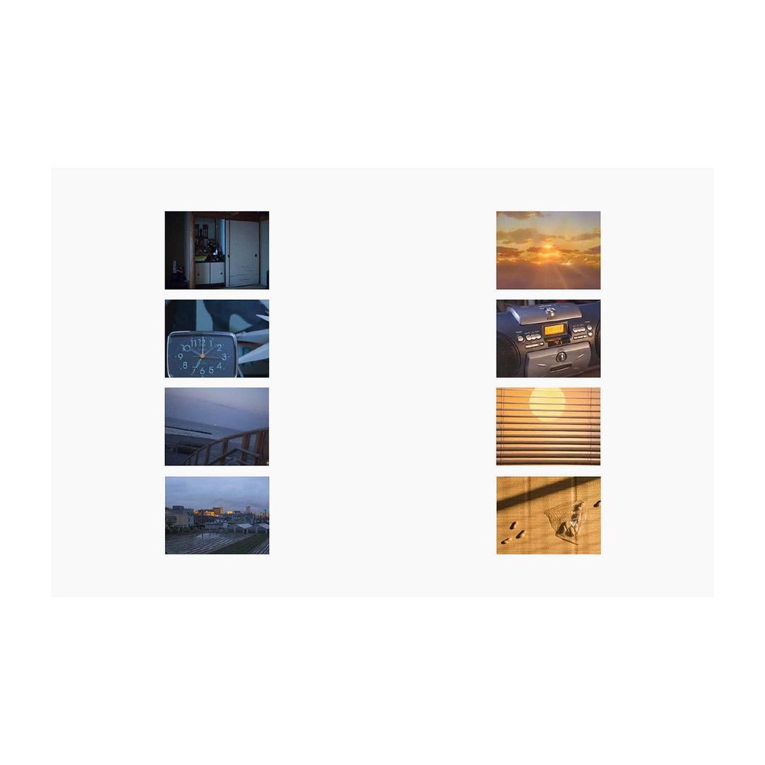 A collage of six square images showing indoor spaces, cloudy skies, and household objects arranged on a white background.