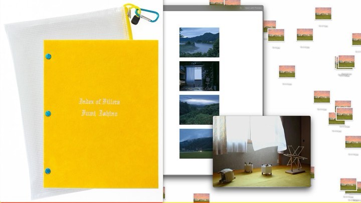 Yellow binder with text "Index of Fillers Fumi Ishino" next to a computer screen showing nature and landscape images.