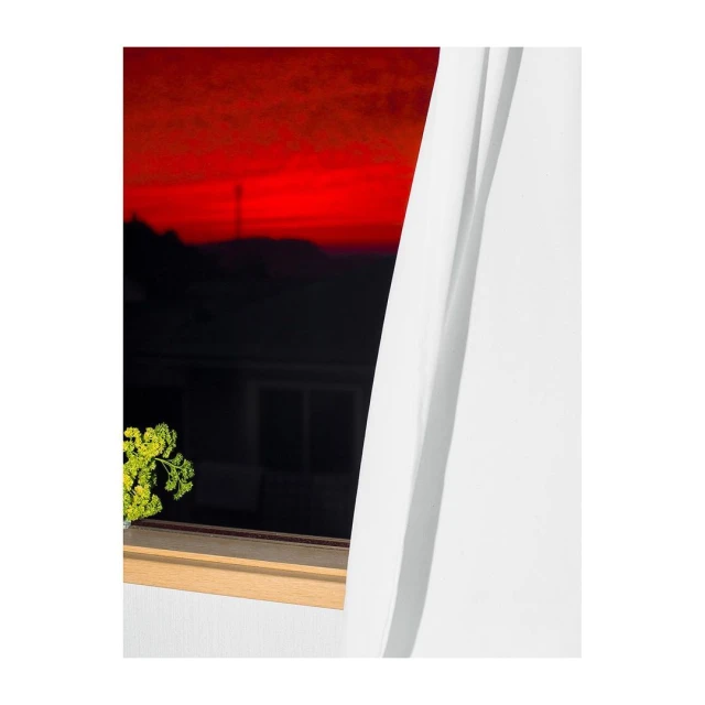 Indoor view of a bright red sky with a dark silhouette of a distant building through a window with a green plant and white curtain.
