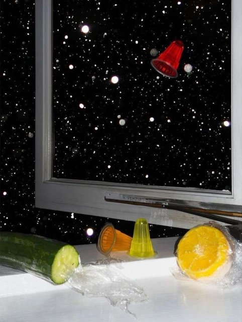 Conceptual still life featuring a cucumber, orange, and jello cups wrapped in plastic in front of a window with a starscape background.