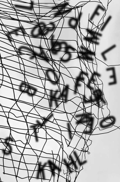 Abstract black wire mesh over blurred background of white paper with large, black, block-printed letters, creating a textured effect.