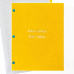 Vibrant yellow folder with white embossed text and three blue fasteners resting on a white surface.