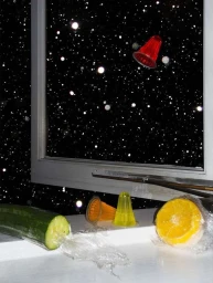 A cucumber, jellies, and half an orange on a white windowsill against a dark night sky with white lights.