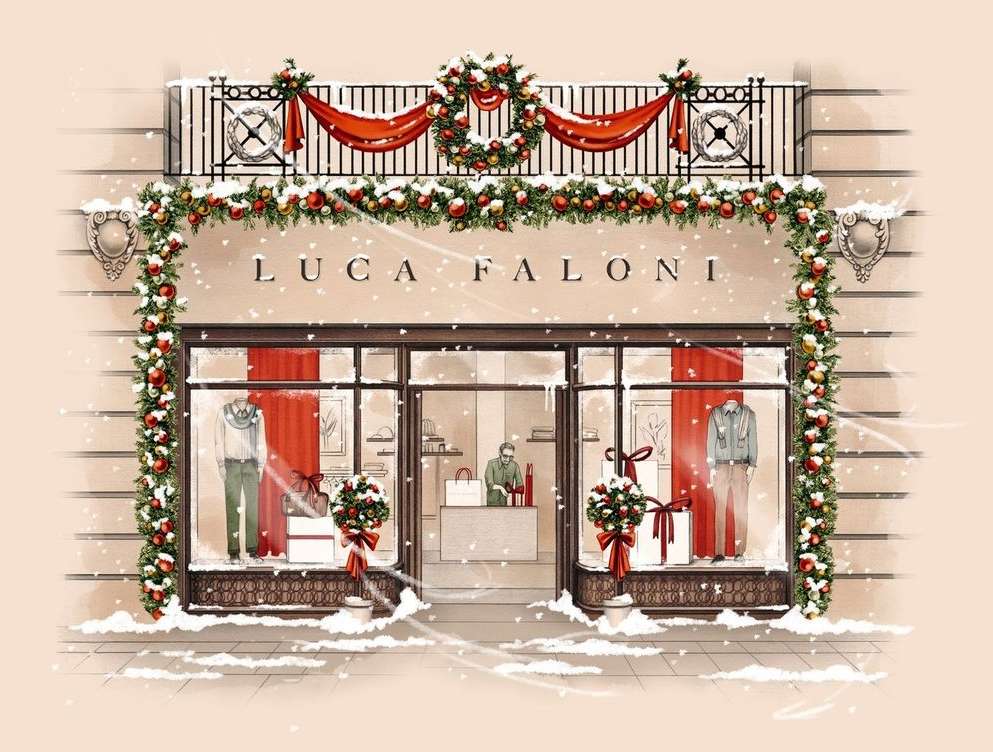 Illustration of a Luca Faloni storefront adorned with Christmas decorations and snow, featuring mannequins and festive floral arrangements.
