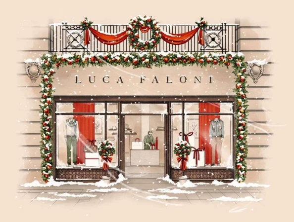 Illustration of a Luca Faloni storefront adorned with Christmas decorations and snow, featuring mannequins and festive floral arrangements.