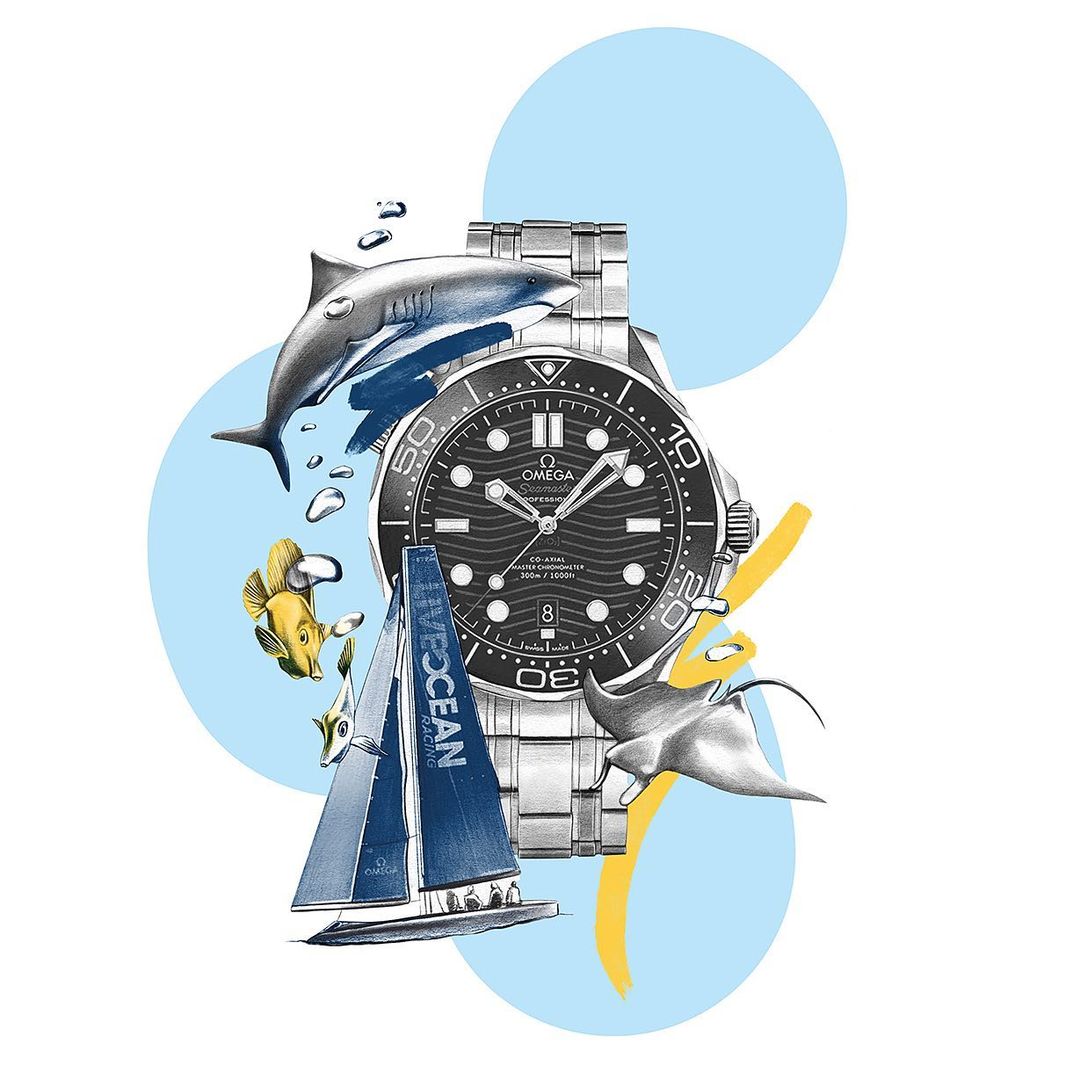 Illustration of a silver Omega Seamaster watch with sea life: shark, stingray, clownfish, and sailboat on a white background with blue circles.