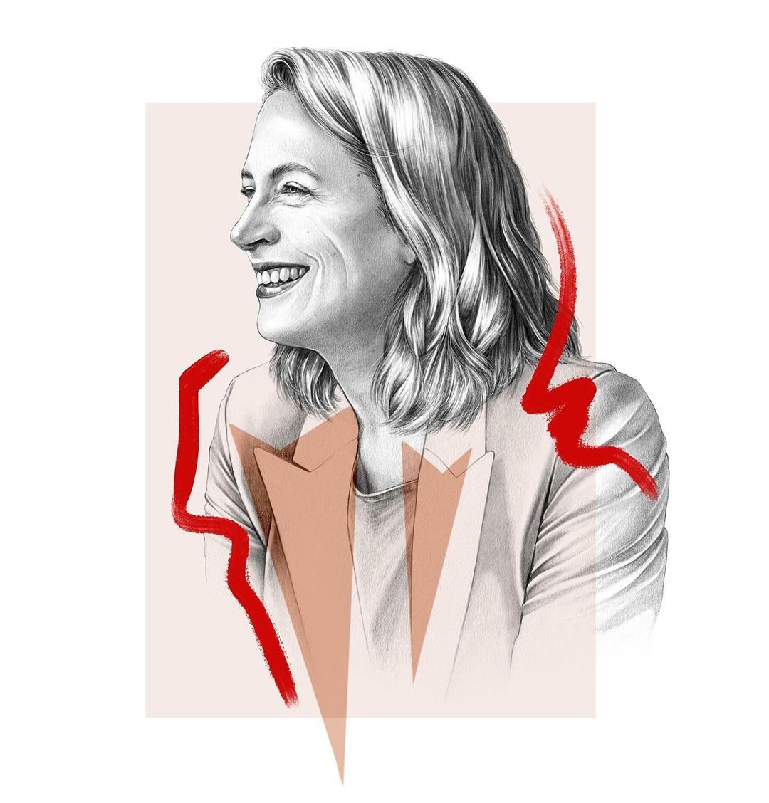 Illustration of a woman in a blazer smiling, rendered in pencil with red brushstroke accents on a cream and pink background.