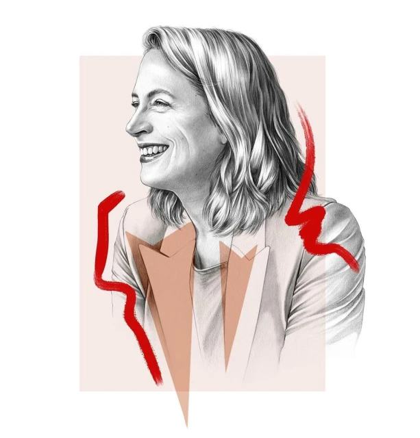 Illustration of a woman in a blazer smiling, rendered in pencil with red brushstroke accents on a cream and pink background.
