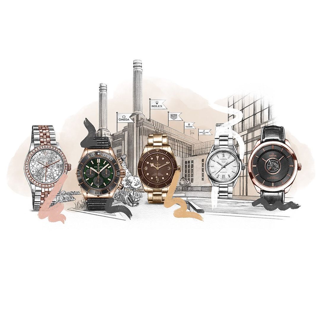Five wristwatches with metal bands are showcased against a drawing of a building and logos of watch brands. Illustration style.