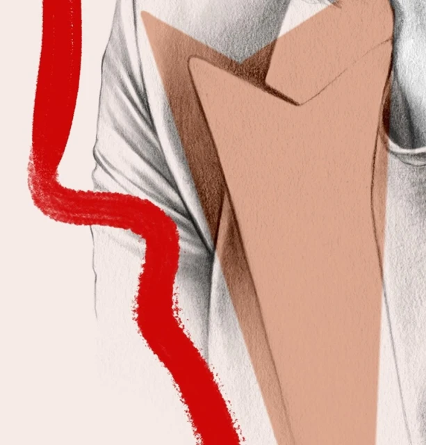 Illustration of a torso with a white collared shirt, abstract skin tone, and bold red brushstroke creating a dynamic design.