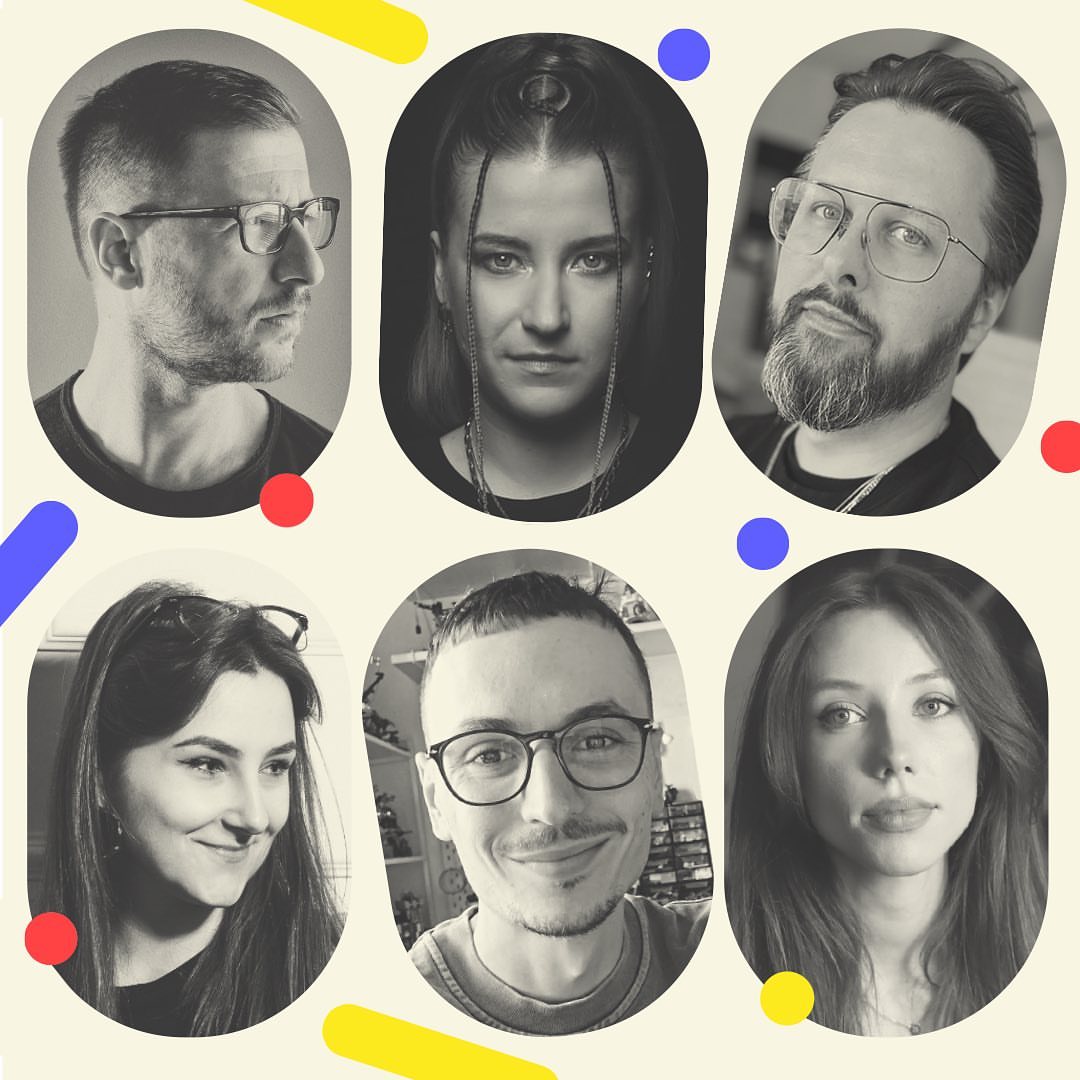 Six diverse individuals are featured in an image, each displayed in a monochrome portrait with colorful graphic elements.