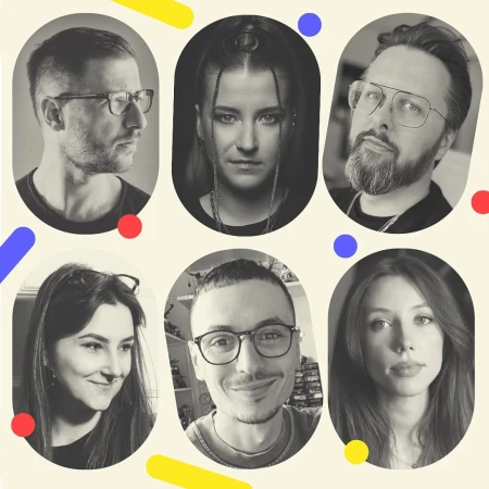 Six diverse individuals are featured in an image, each displayed in a monochrome portrait with colorful graphic elements.