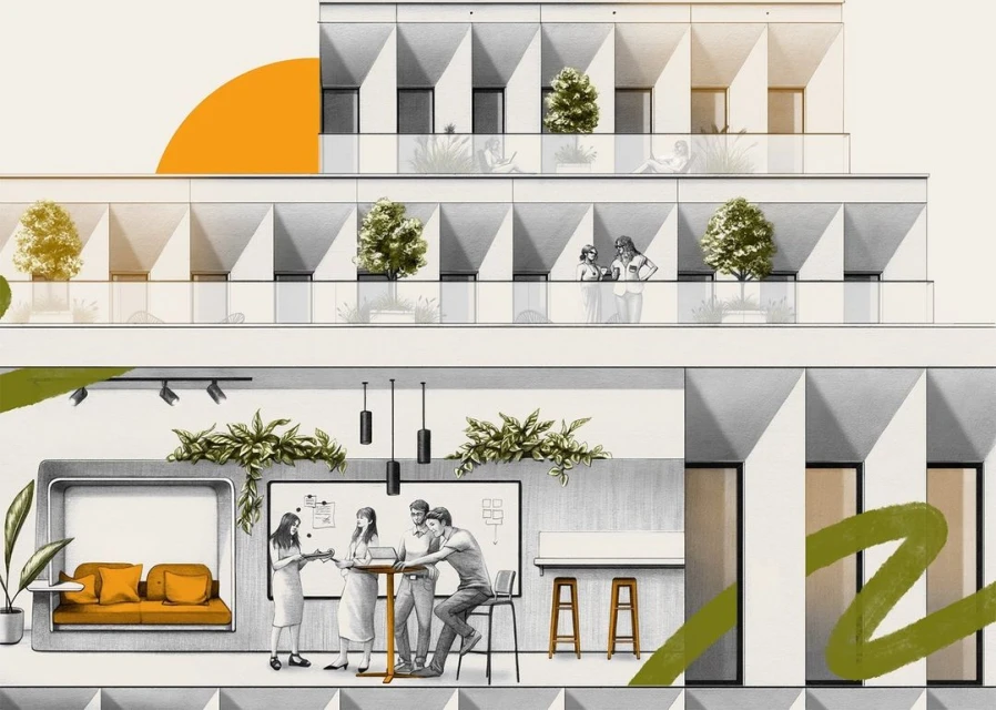 Illustration of a modern apartment building with tenants on balconies and an open-plan co-working space with a small group of people.