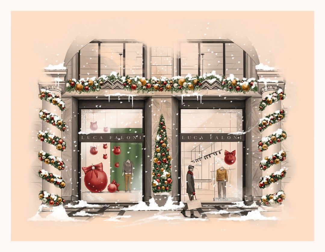 Whimsical illustration of a 'Luca Faloni' storefront adorned with holiday decorations and snow, featuring a shopper and holiday window displays.