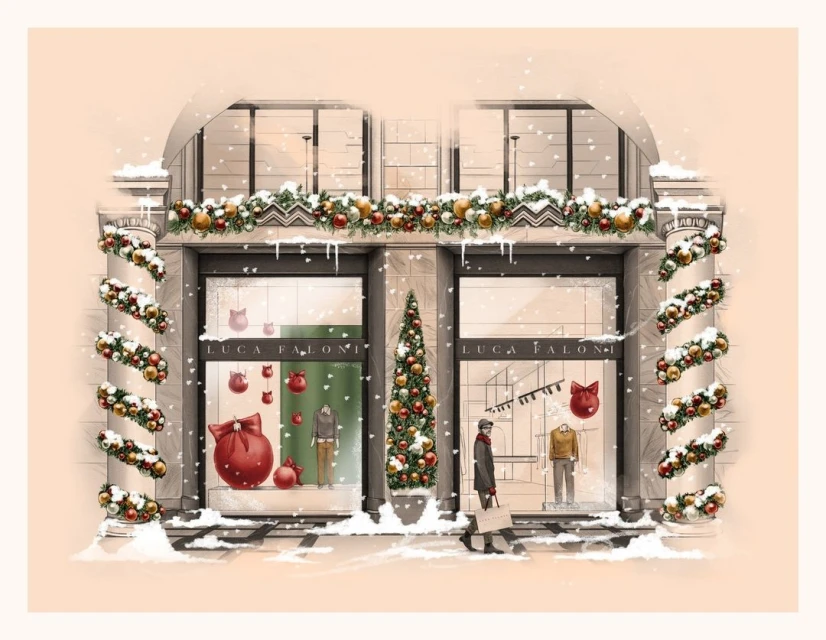 Whimsical illustration of a 'Luca Faloni' storefront adorned with holiday decorations and snow, featuring a shopper and holiday window displays.