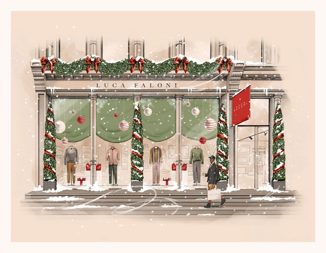 Illustration of a Luca Faloni store facade in winter, decorated with holiday garlands and ornaments, showcasing menswear in the windows.