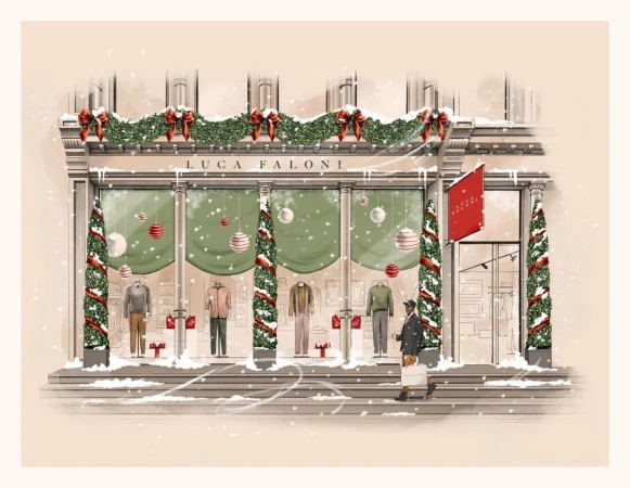 Illustration of a Luca Faloni store facade in winter, decorated with holiday garlands and ornaments, showcasing menswear in the windows.
