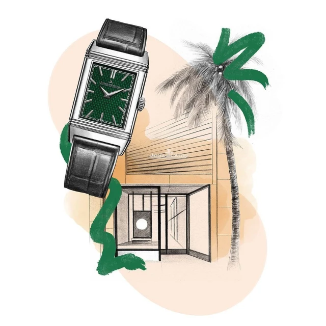 Illustration of a luxury watch with a green dial next to a palm tree and retail building, created in an illustrative style.