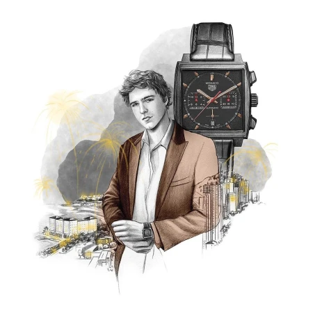 Illustration of a young man in a blazer next to a luxury watch with city and firework accents on a white background.