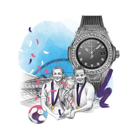 Illustration of two female soccer players holding a trophy, a large watch, a soccer ball, and a stadium in the background.