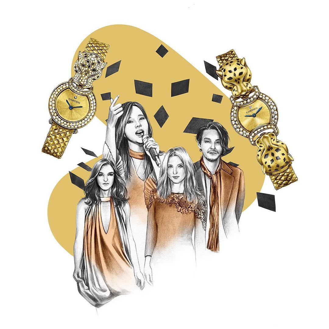 Illustration of five adults with gold watches, with a tan and black geometric background on a white backdrop. Fashion and beauty ad.