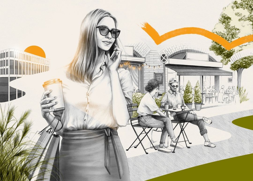 Illustration of a woman with coffee and shopping bags walking past a cafe with people seated outside, set against a building backdrop.