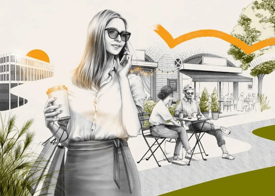 Illustration of a woman with coffee and shopping bags walking past a cafe with people seated outside, set against a building backdrop.