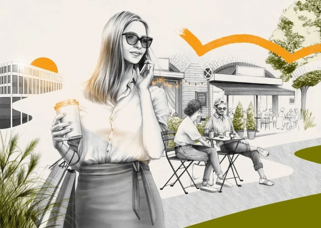 Illustration of a woman with coffee and shopping bags walking past a cafe with people seated outside, set against a building backdrop.