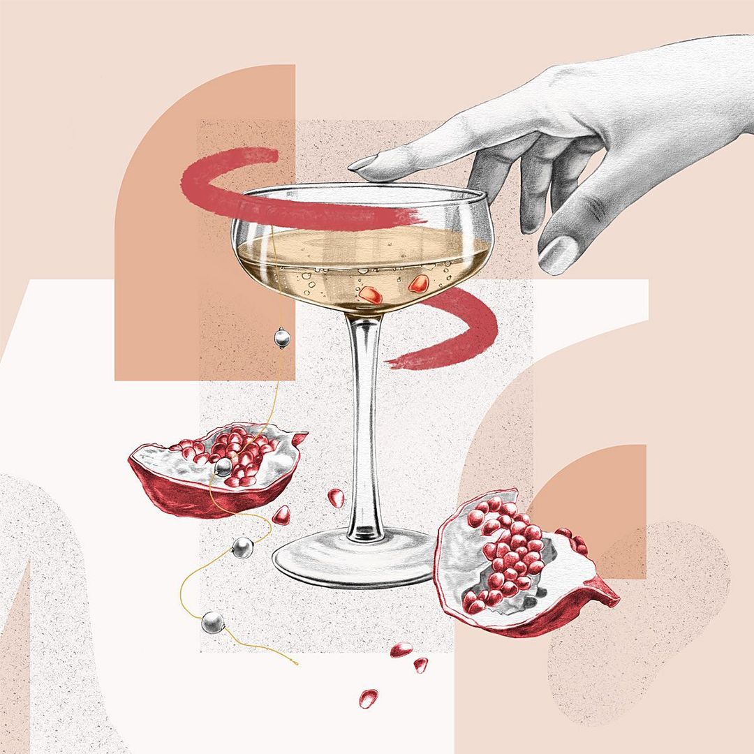 Illustration of a glass of champagne with a hand reaching for it, pomegranate seeds, and geometric shapes on a peach background.