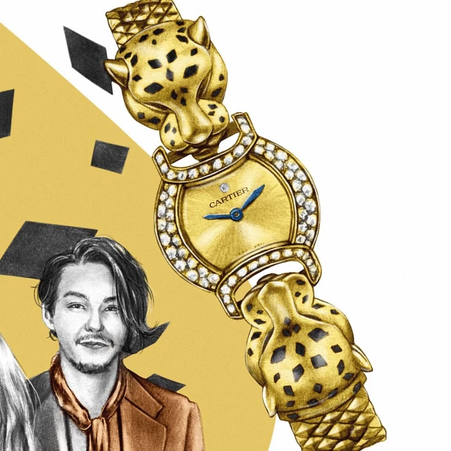 Illustration of a gold Cartier watch with diamond embellishments and jaguar heads, with a sketched man in the background.