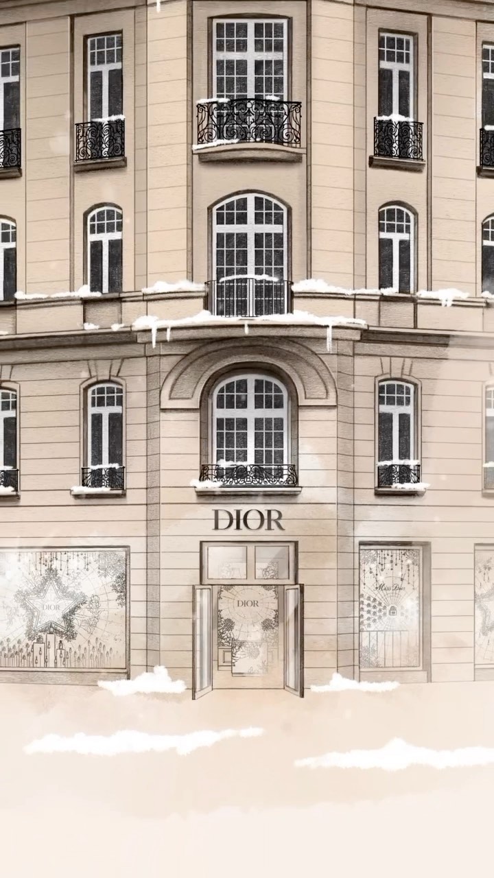 Illustration of a Dior store front in winter. The building is beige with snow covering the ledges, and Dior signage is visible.