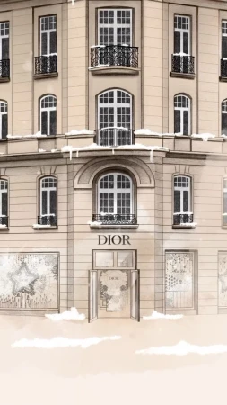 Illustration of a Dior store front in winter. The building is beige with snow covering the ledges, and Dior signage is visible.